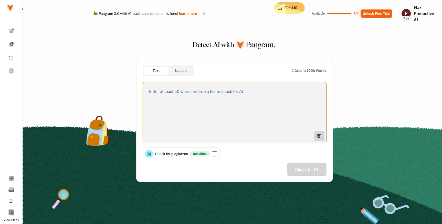 Pangram Labs AI detector dashboard showing text input interface