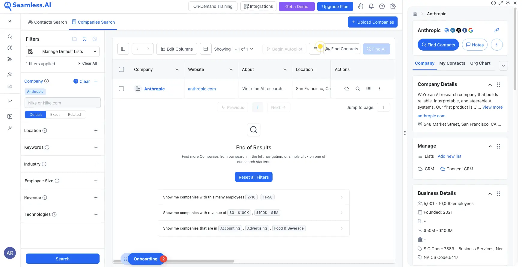 Seamless.AI review - company search results example