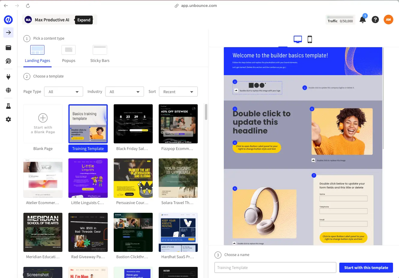 Unbounce template library with landing pages, popups, and sticky bars