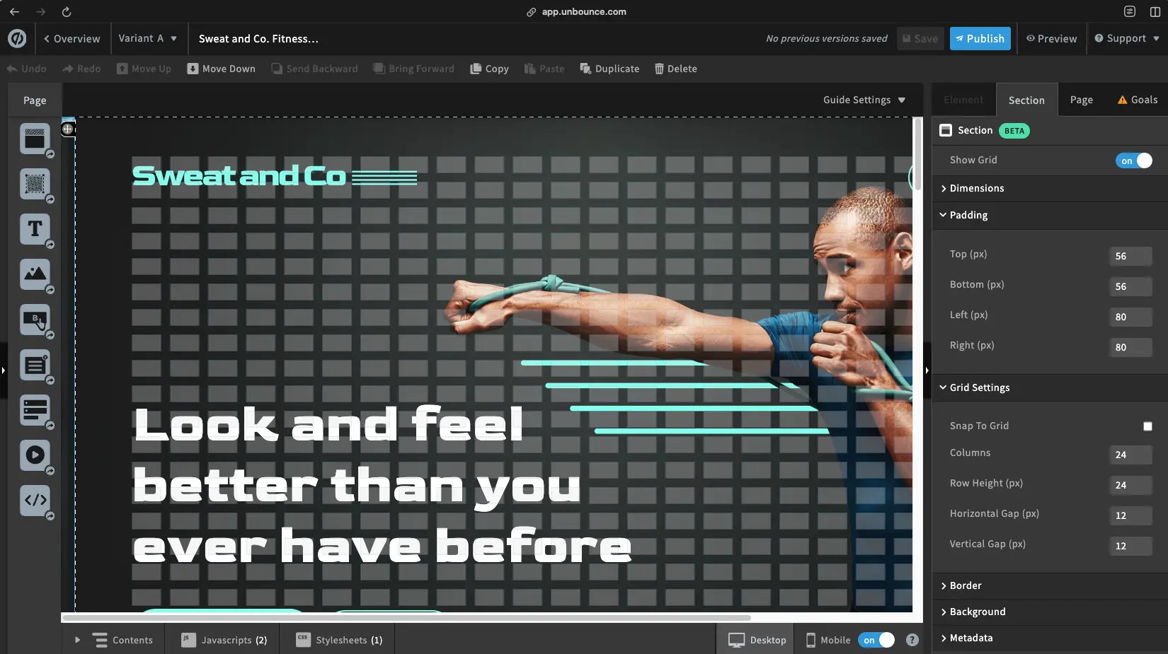 Unbounce Classic Builder with grid editor and section settings