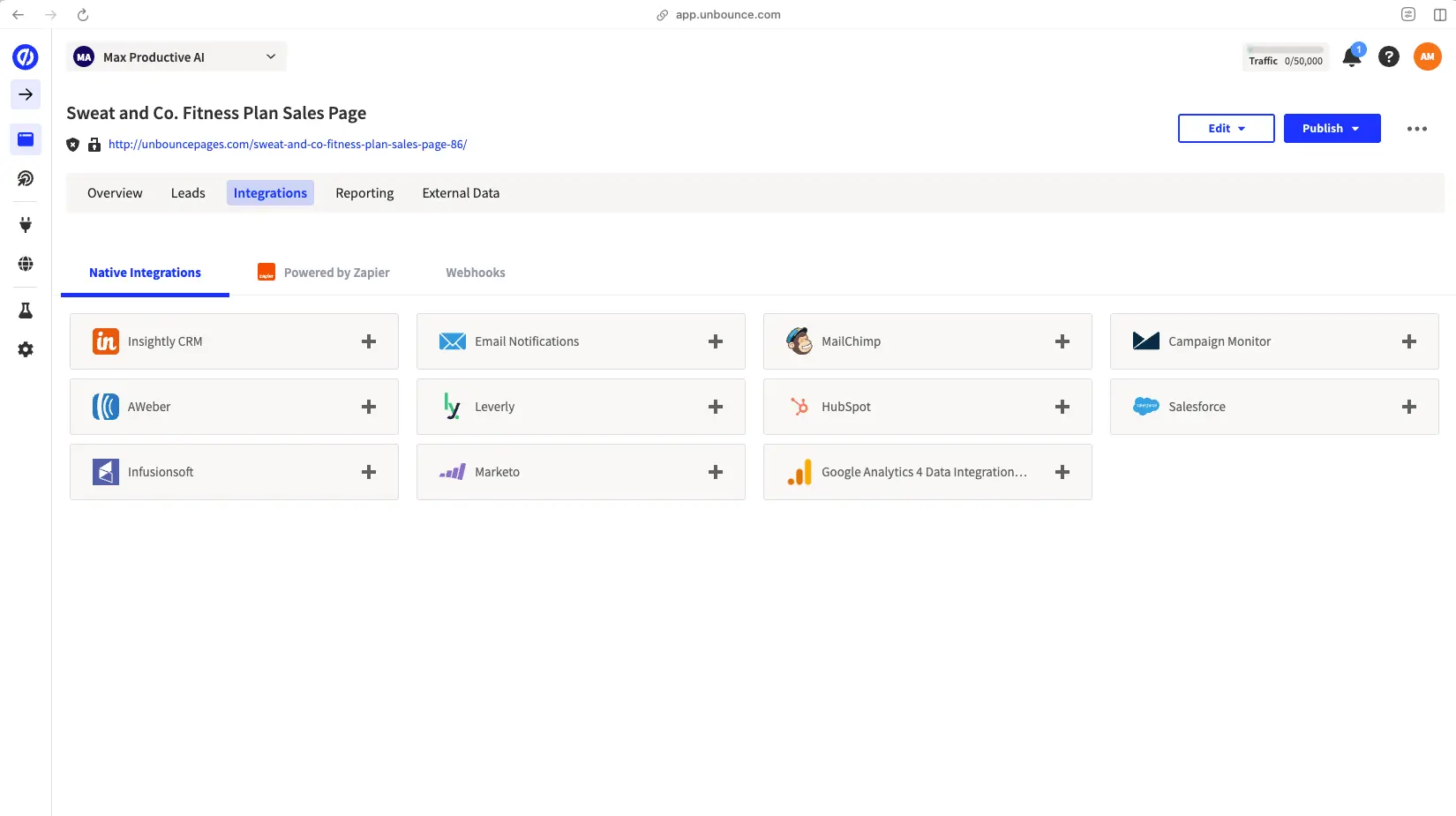 Unbounce native integrations with HubSpot, Salesforce, Mailchimp