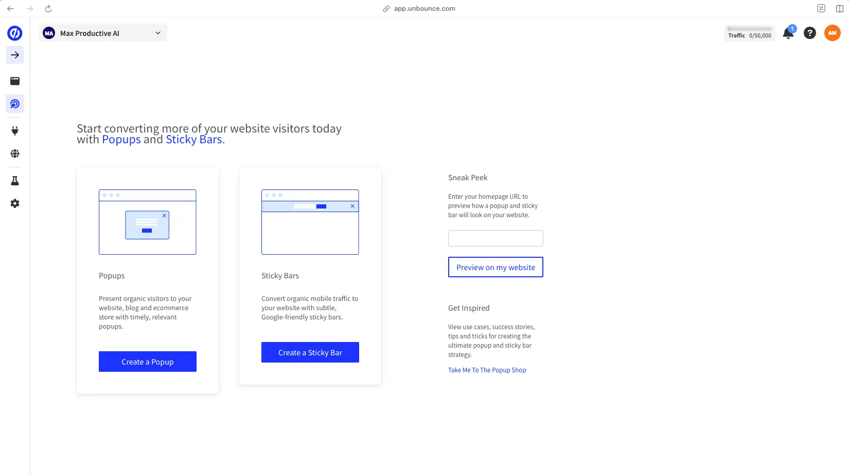 Unbounce popups and sticky bars creation interface