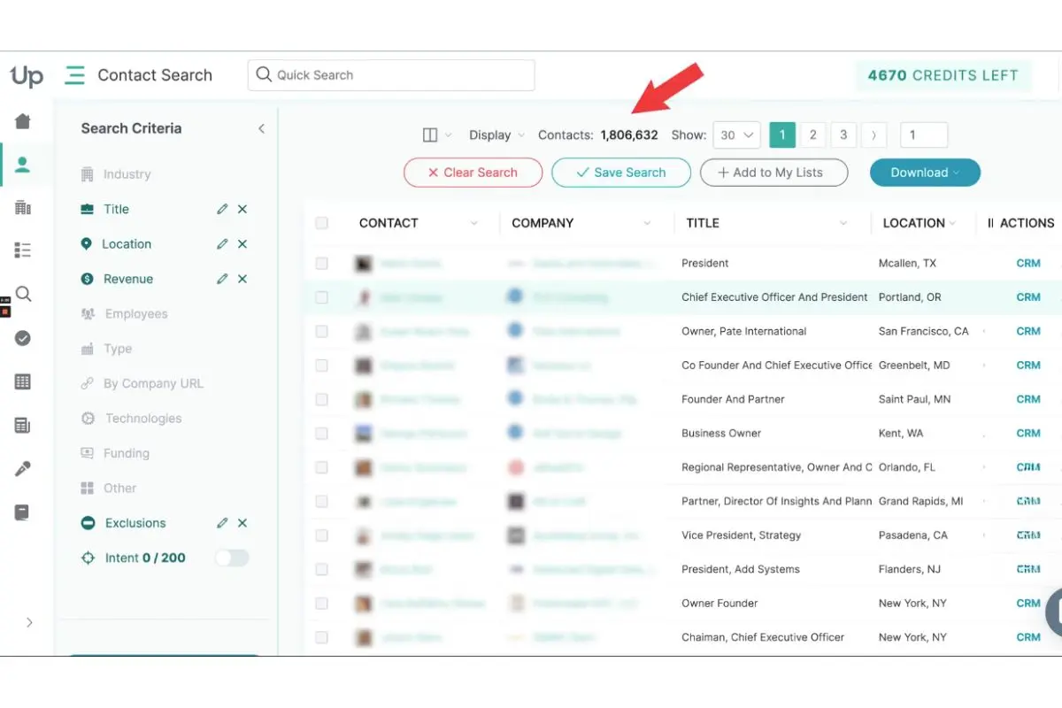 UpLead company profile showing technologies used and CRM integration options