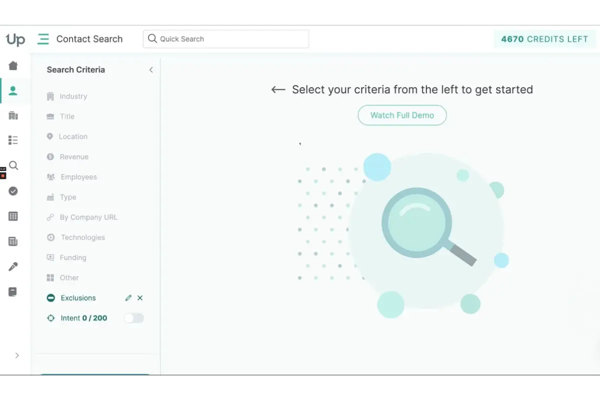 UpLead contact search interface with advanced filters for B2B lead generation