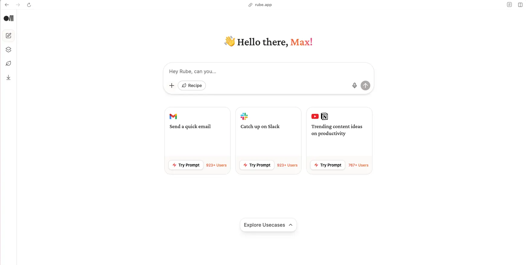 Rube AI Dashboard with quick prompts