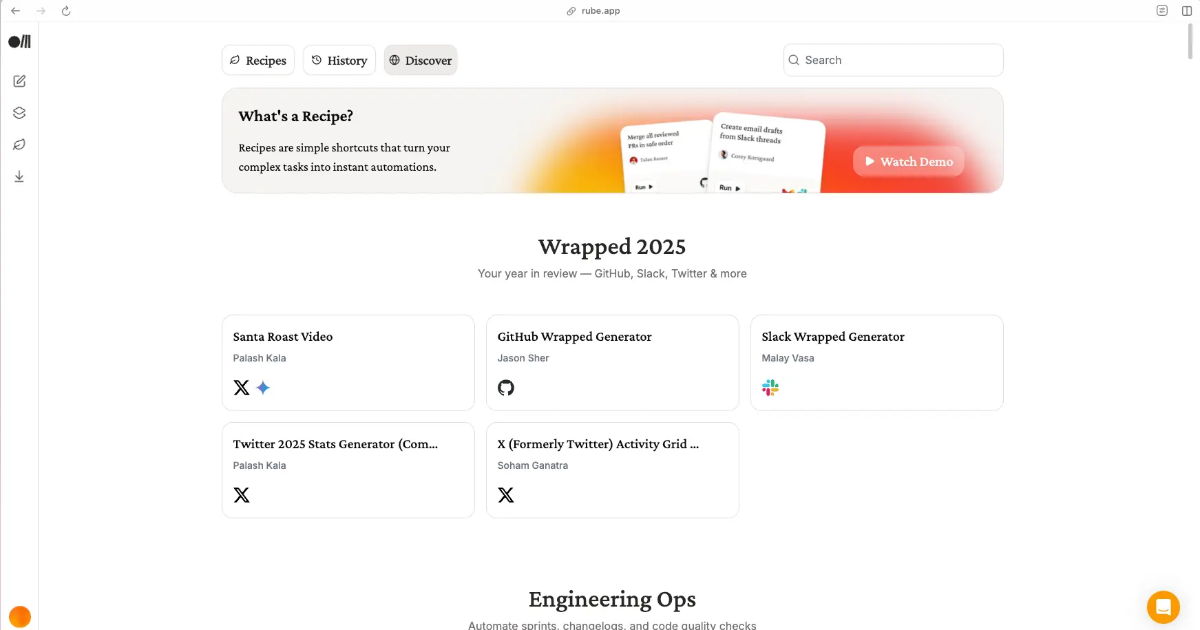 Rube AI Recipes interface