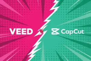 VEED vs CapCut comparison graphic showing the two video editing platforms in a split-screen design with pink and green colors representing each tool