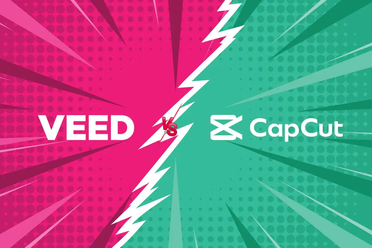 VEED vs CapCut comparison graphic showing the two video editing platforms in a split-screen design with pink and green colors representing each tool