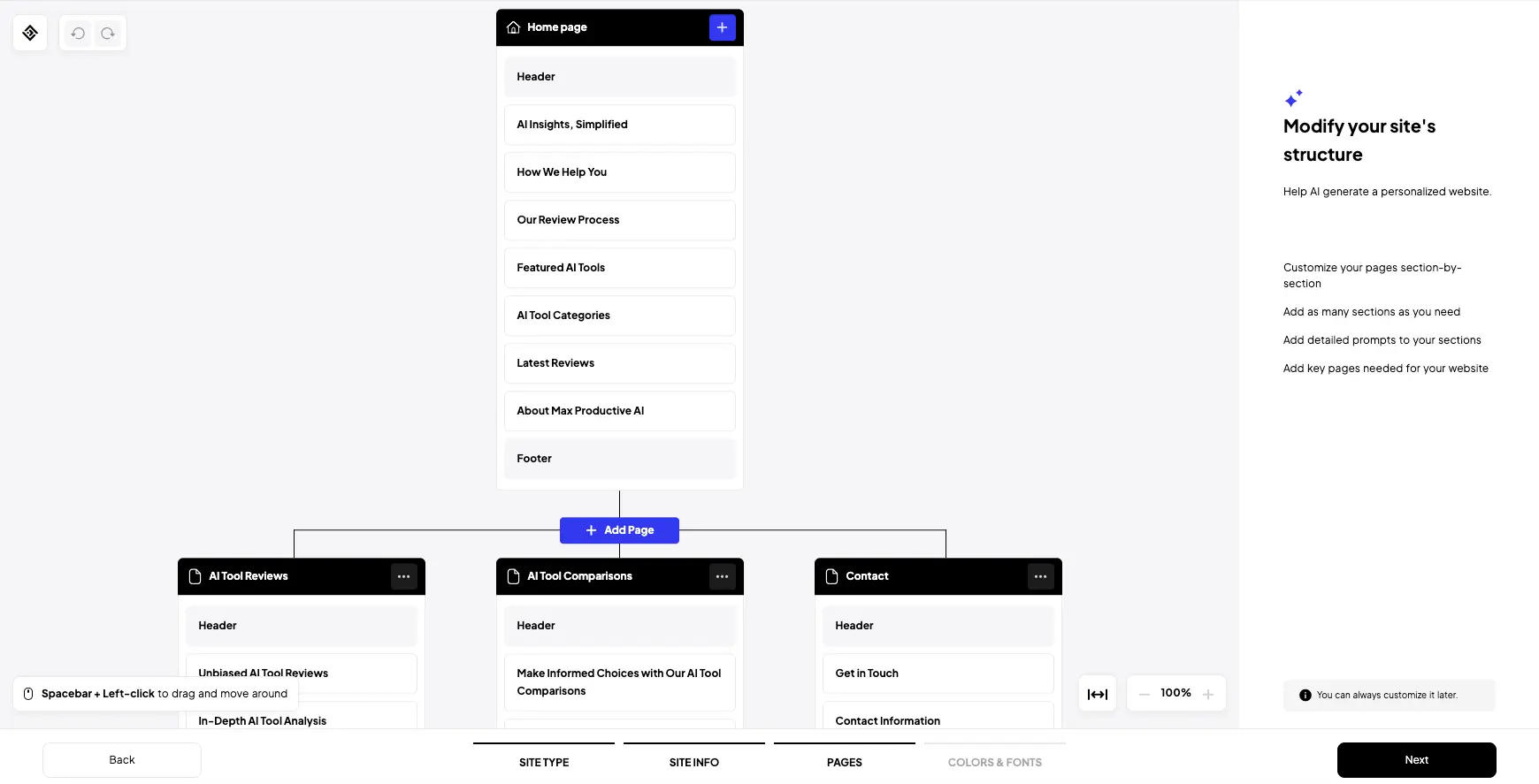 10Web AI Site Structure with customizable pages and sections