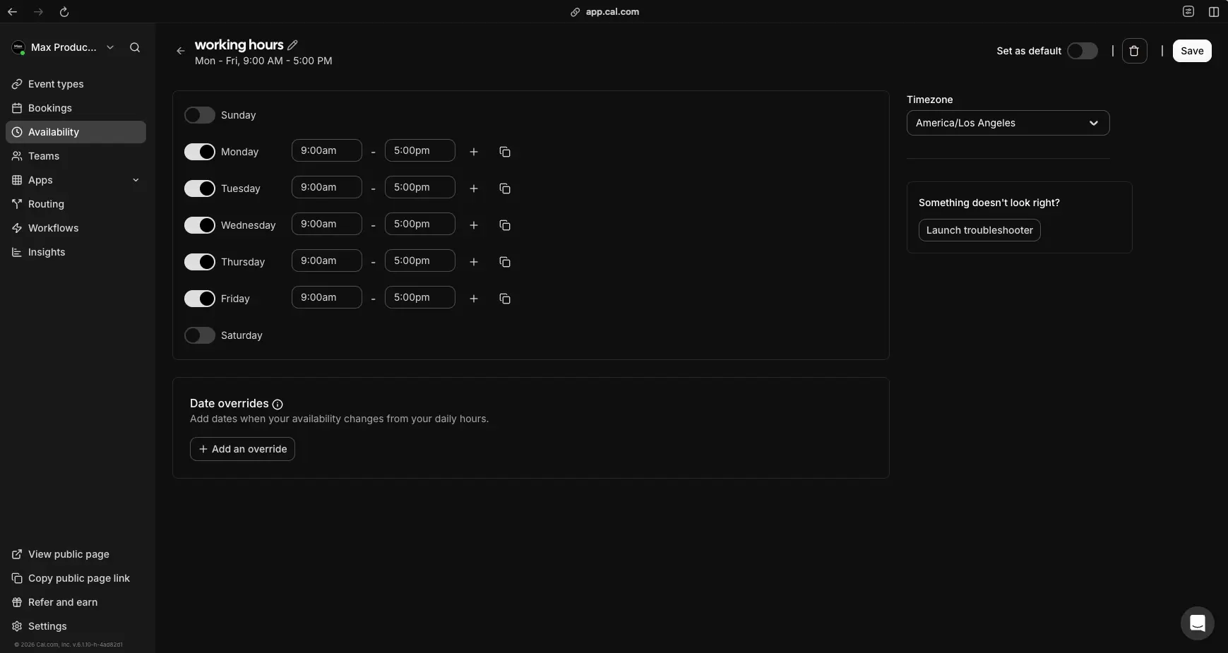 Cal.com Availability Working Hours and Timezone Settings