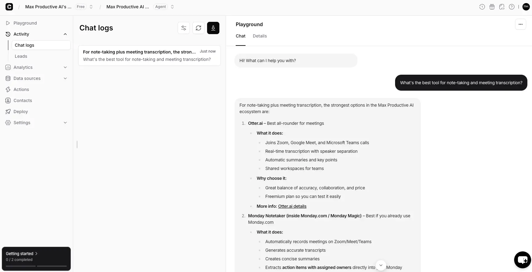 Chatbase AI Agent Playground Interface