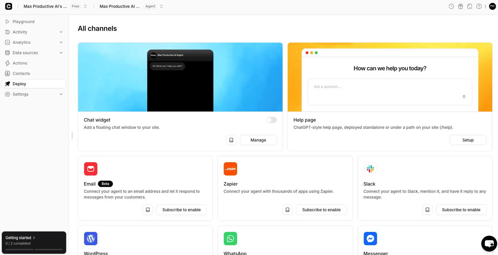 Chatbase Deploy Channels Interface