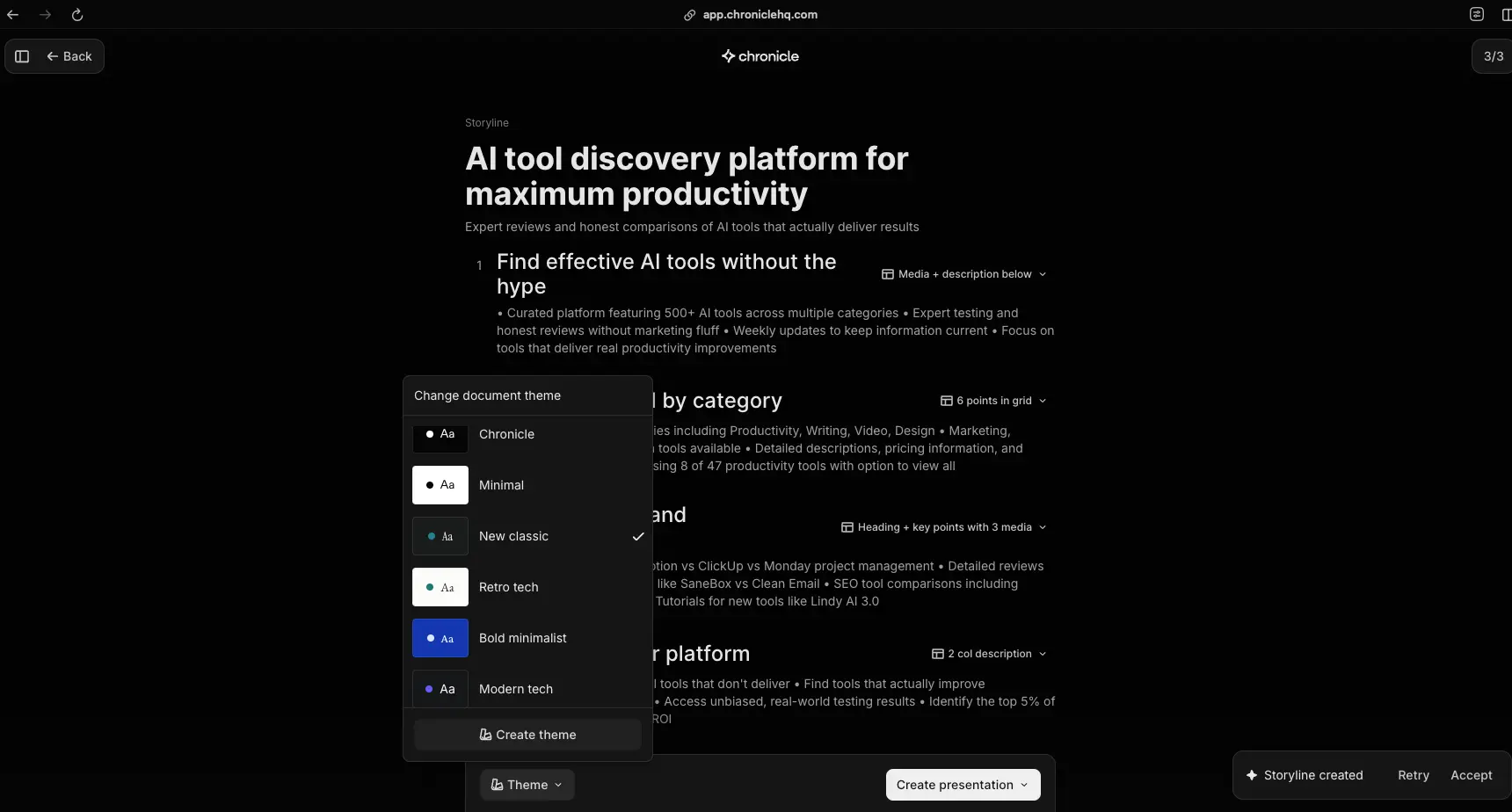 Chronicle AI Narrative Storyline Editor with Theme Selection