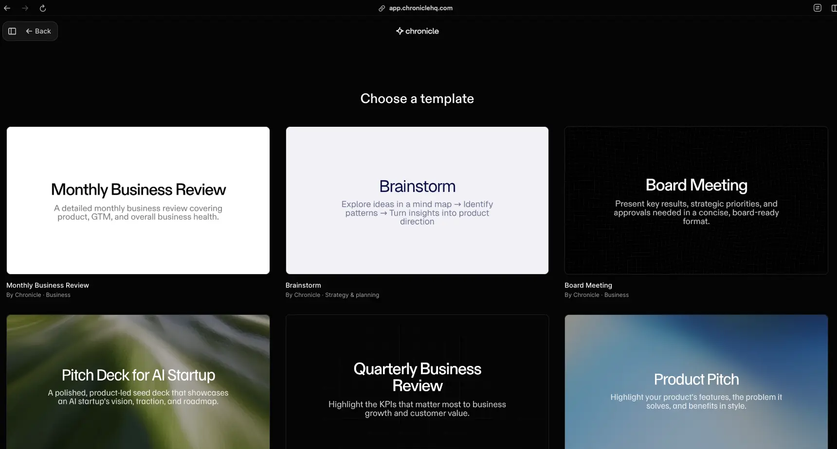 Chronicle AI Template Selection - Business Pitch Decks and Board Meeting Templates