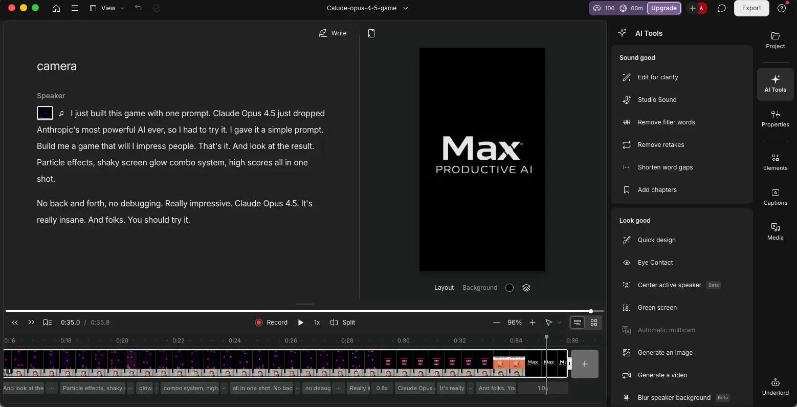 Descript pricing and features — AI tools panel with Studio Sound, Eye Contact, and green screen