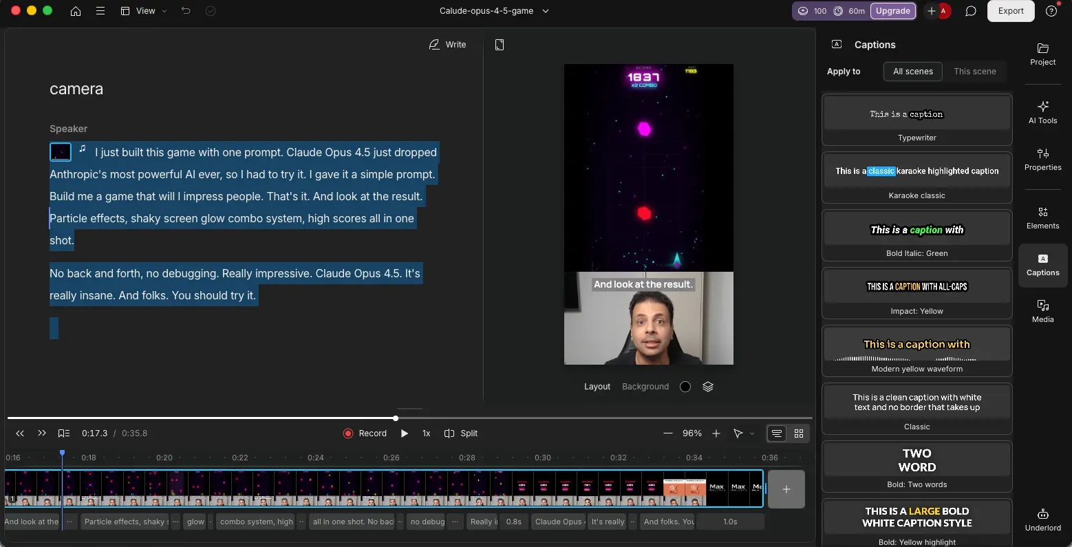 Descript AI video editor captions panel with multiple caption styles