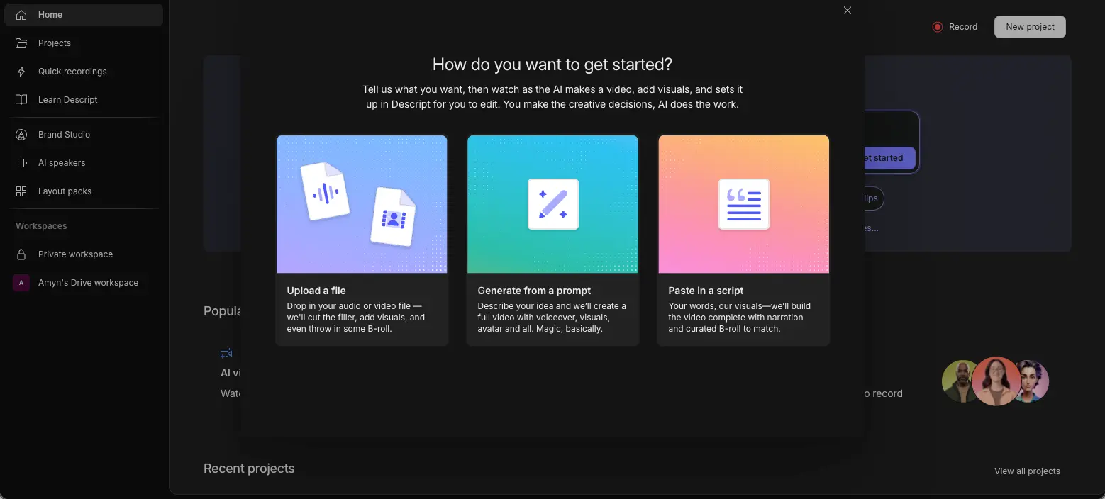 Descript review — new project creation with upload, AI generation, and script options
