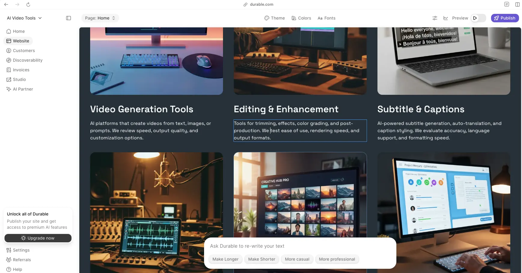 Durable Website Editor Drag and Drop Interface