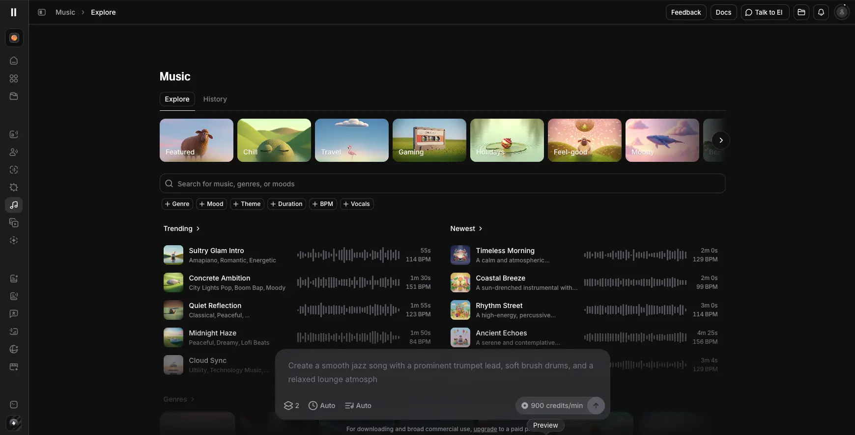 ElevenLabs Music Generator interface with genre categories and trending tracks