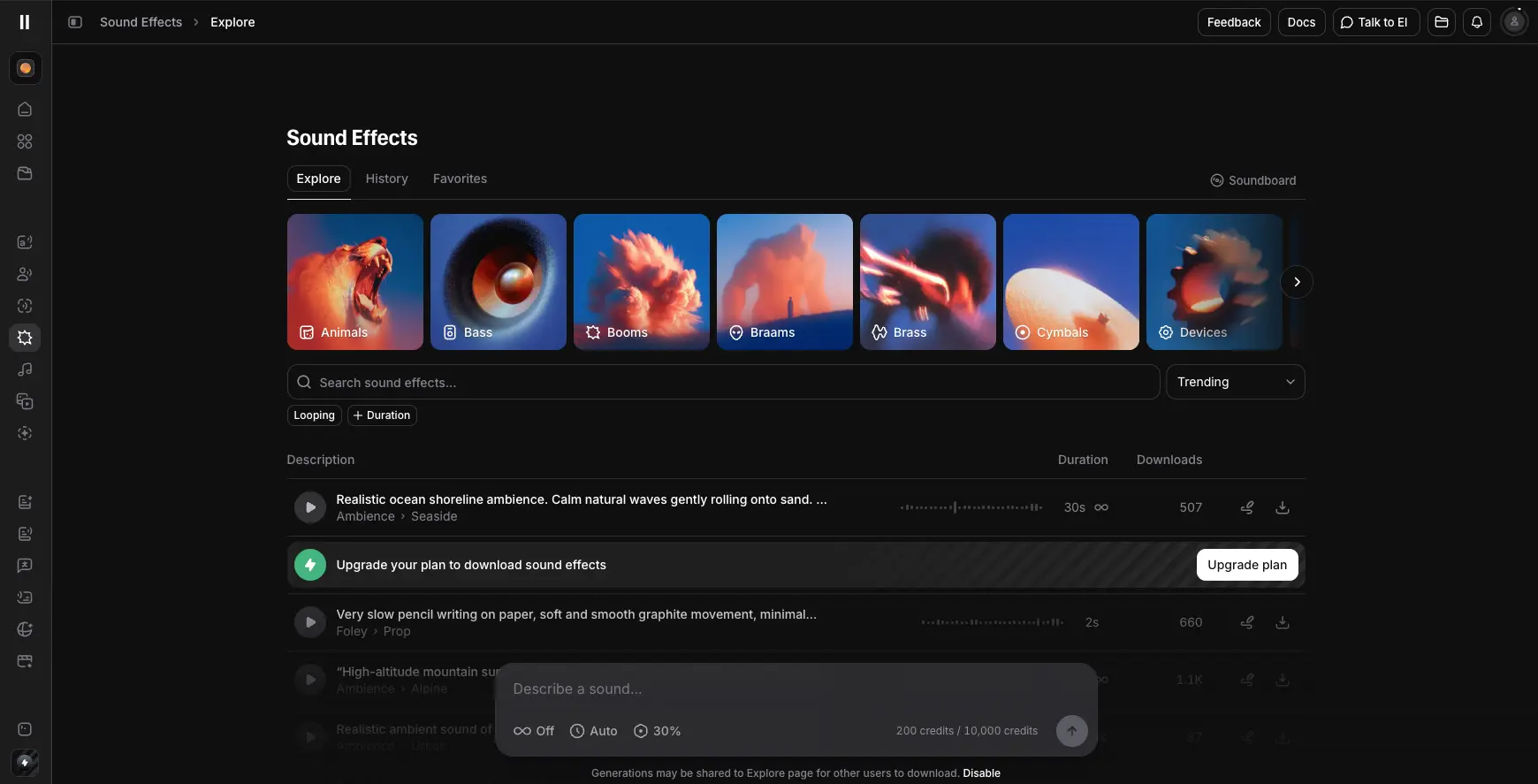 ElevenLabs Sound Effects library with categories and AI generation prompt