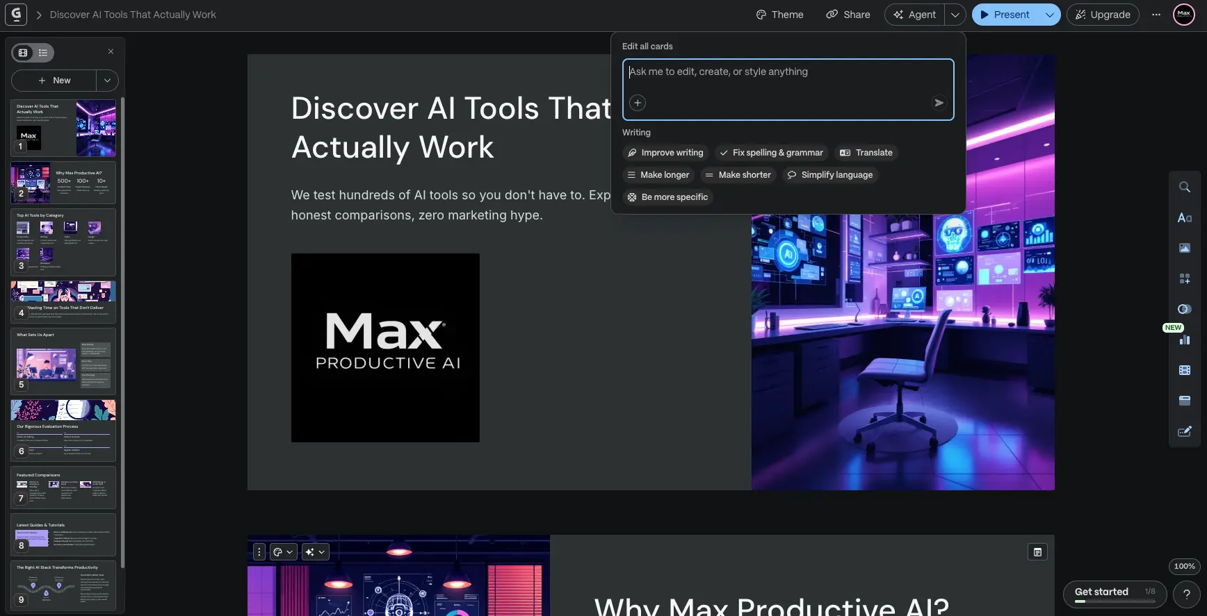 Gamma AI Agent Editor Panel