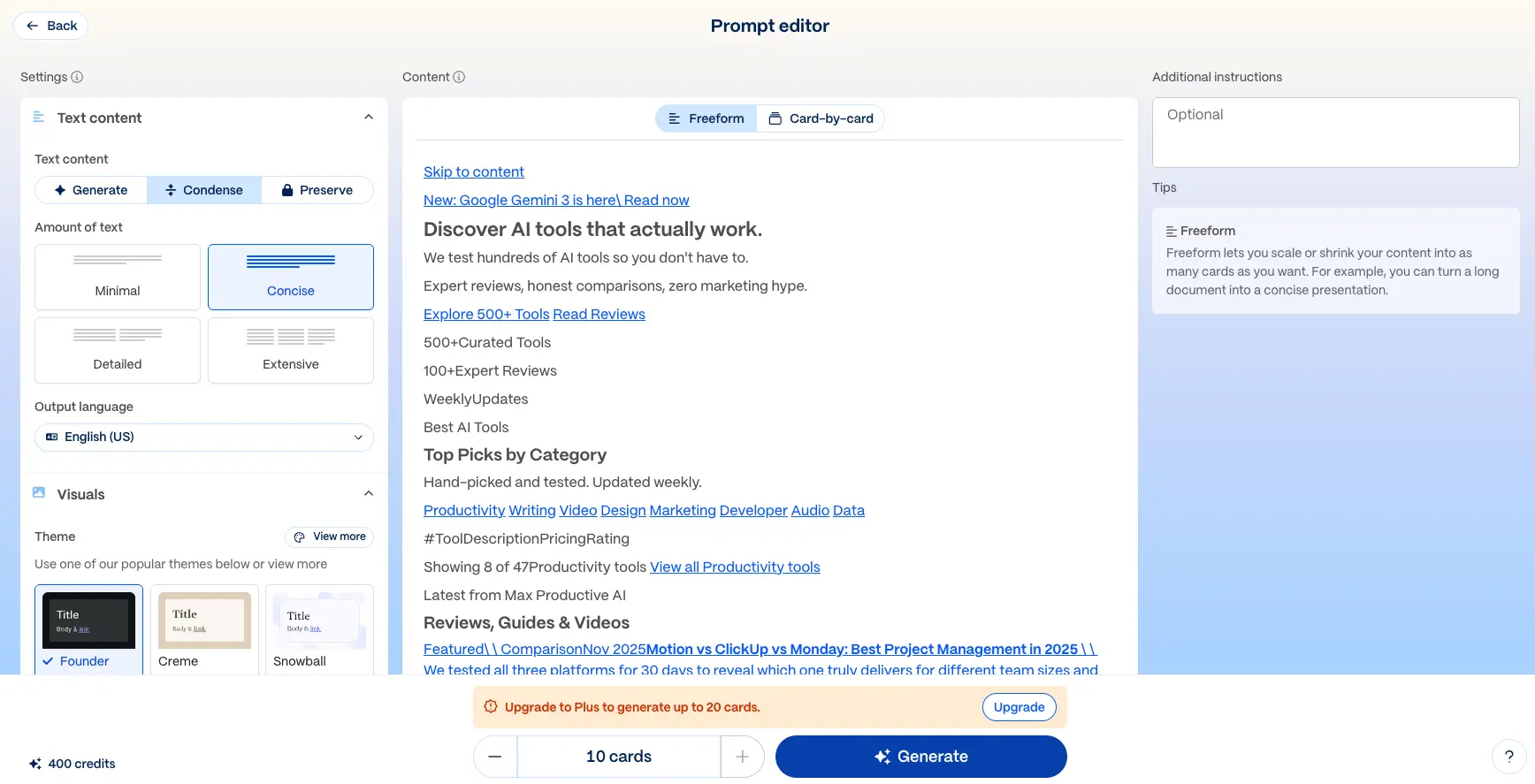 Gamma Prompt Editor Content Settings