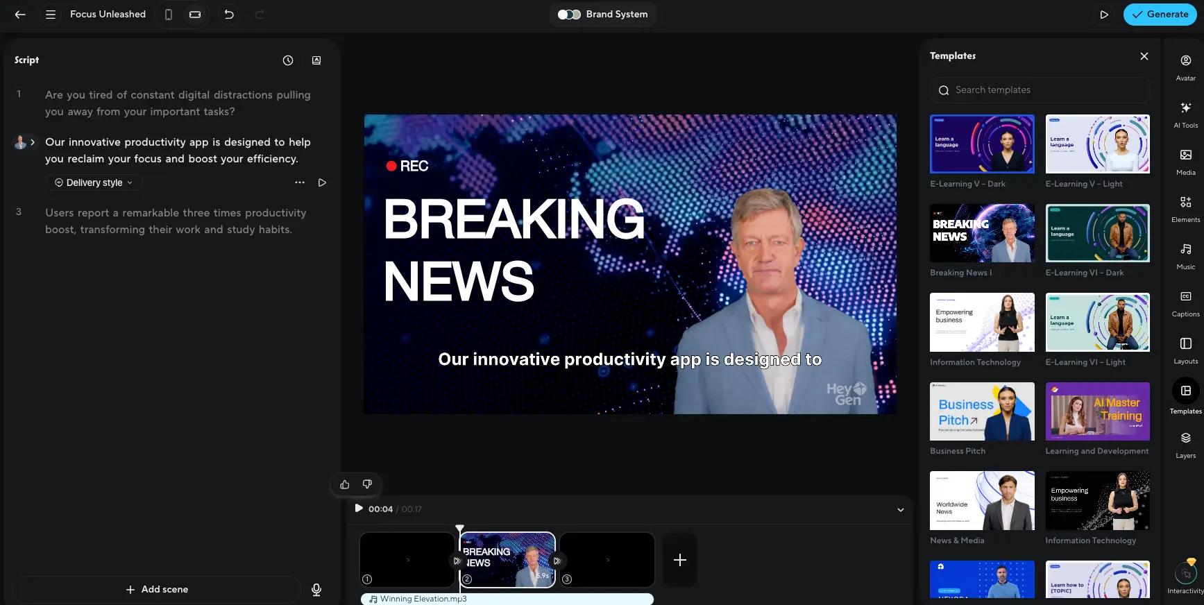HeyGen AI Studio Editor with Templates Panel