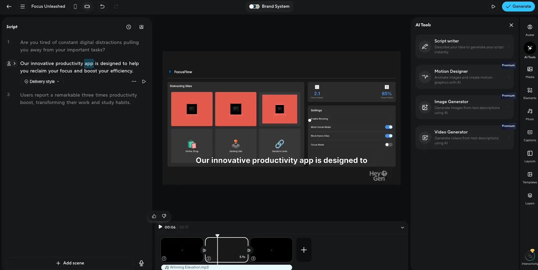 HeyGen AI Tools Panel showing Video Translation, Avatar Creation, and More