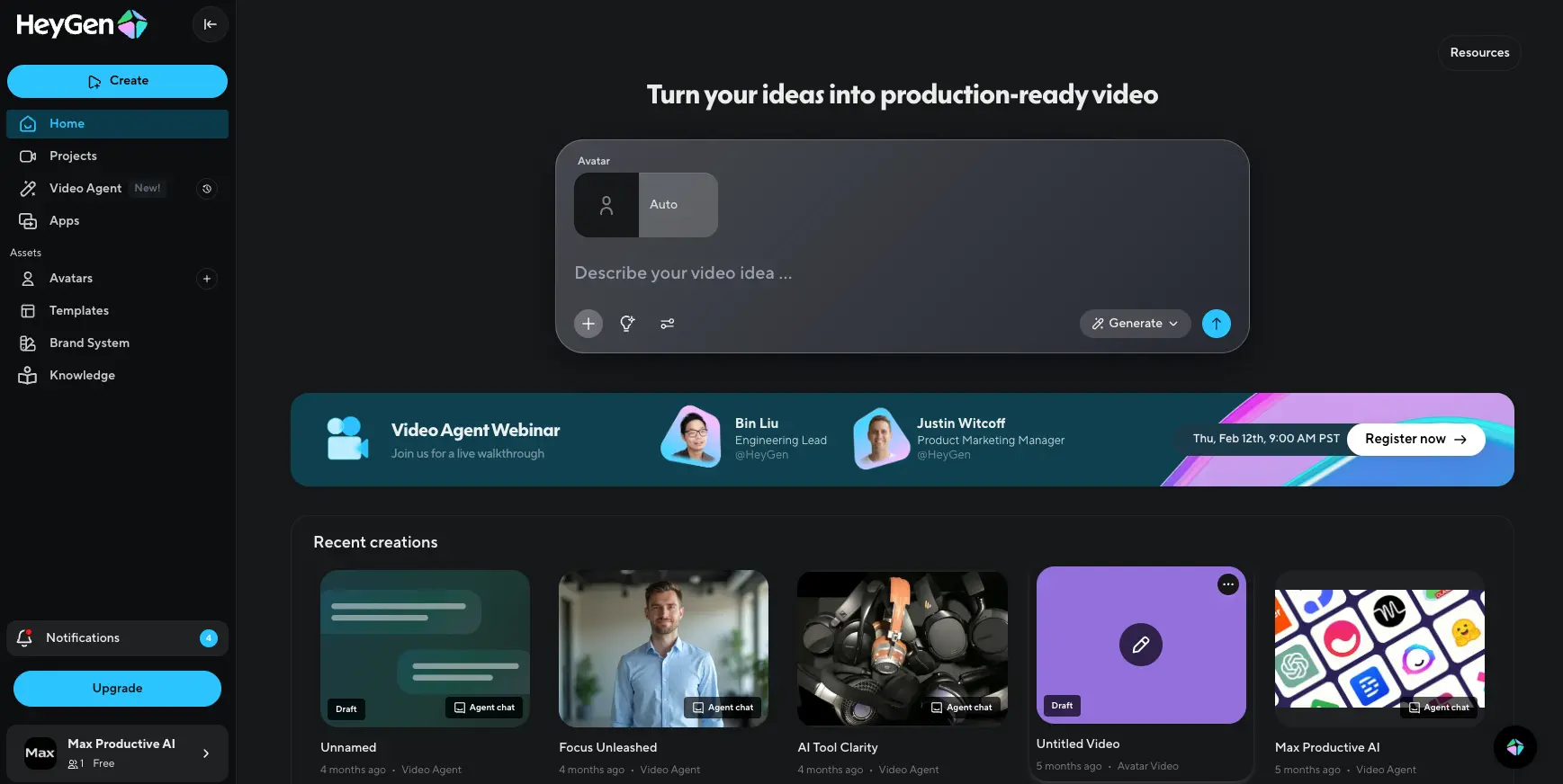 HeyGen Dashboard Home 2026 with Video Agent