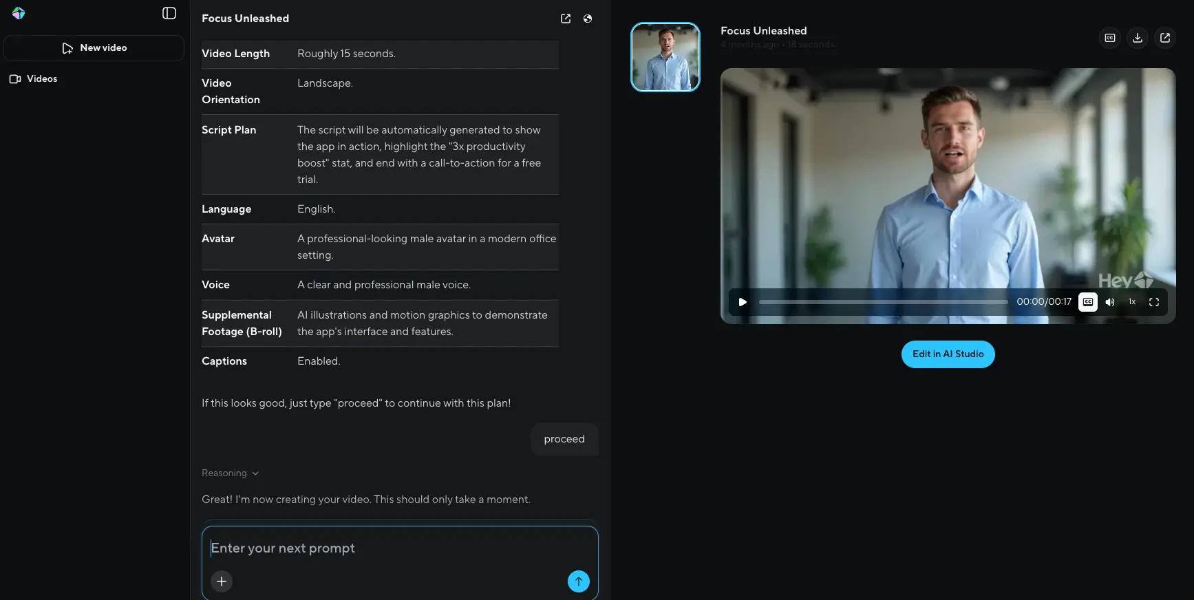 HeyGen Video Agent showing structured production plan with avatar, voice, captions, and the rendered preview