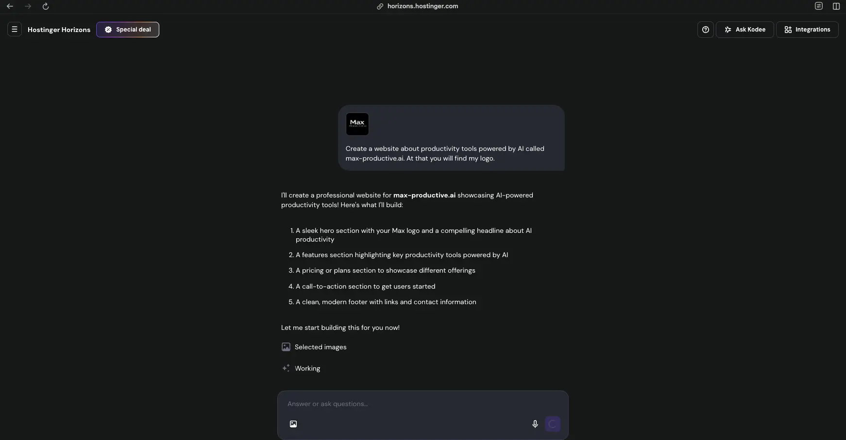 Hostinger Horizons AI Chat Builder Interface