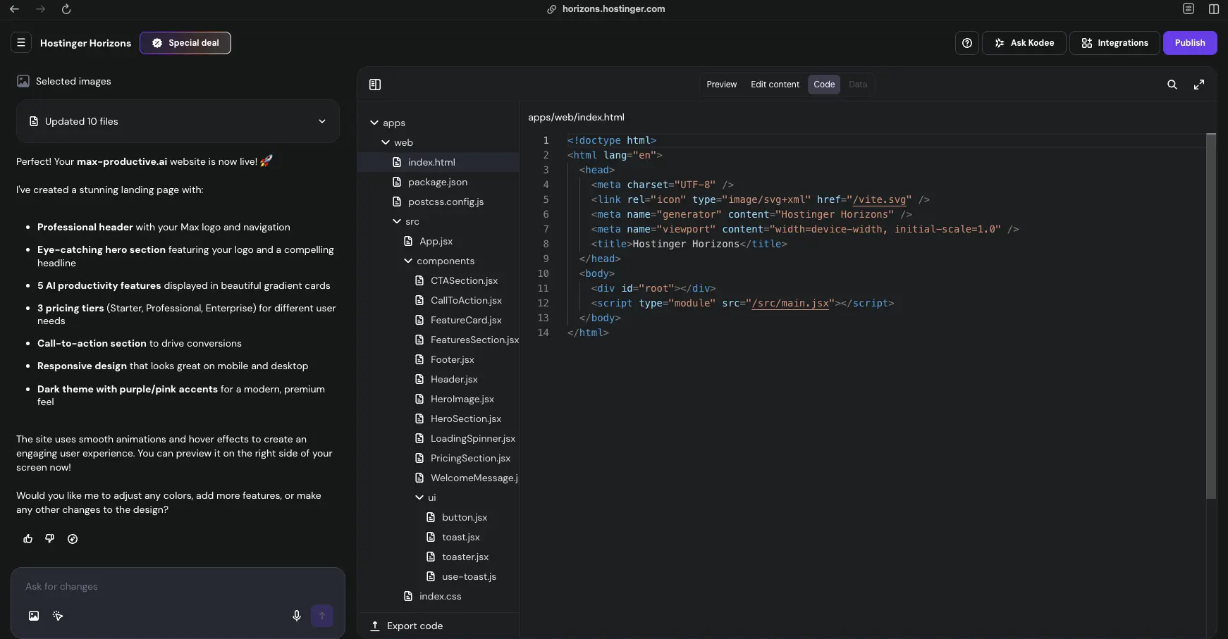 Hostinger Horizons Code Editor with File Tree