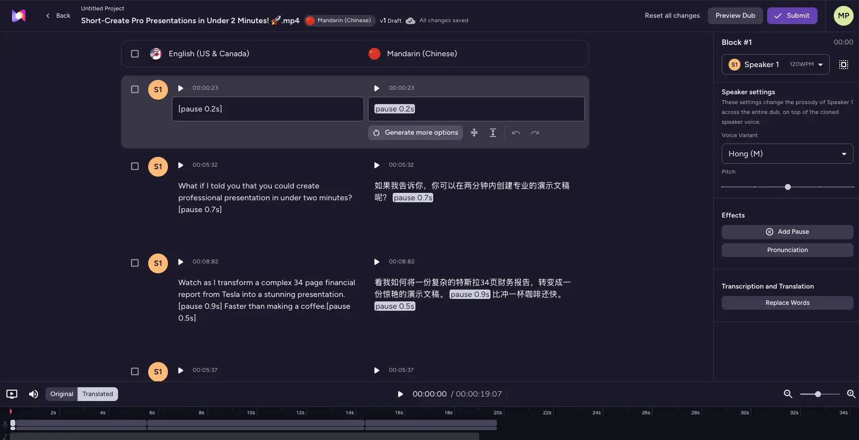 Murf AI Dubbing Interface showing English to Mandarin Chinese translation