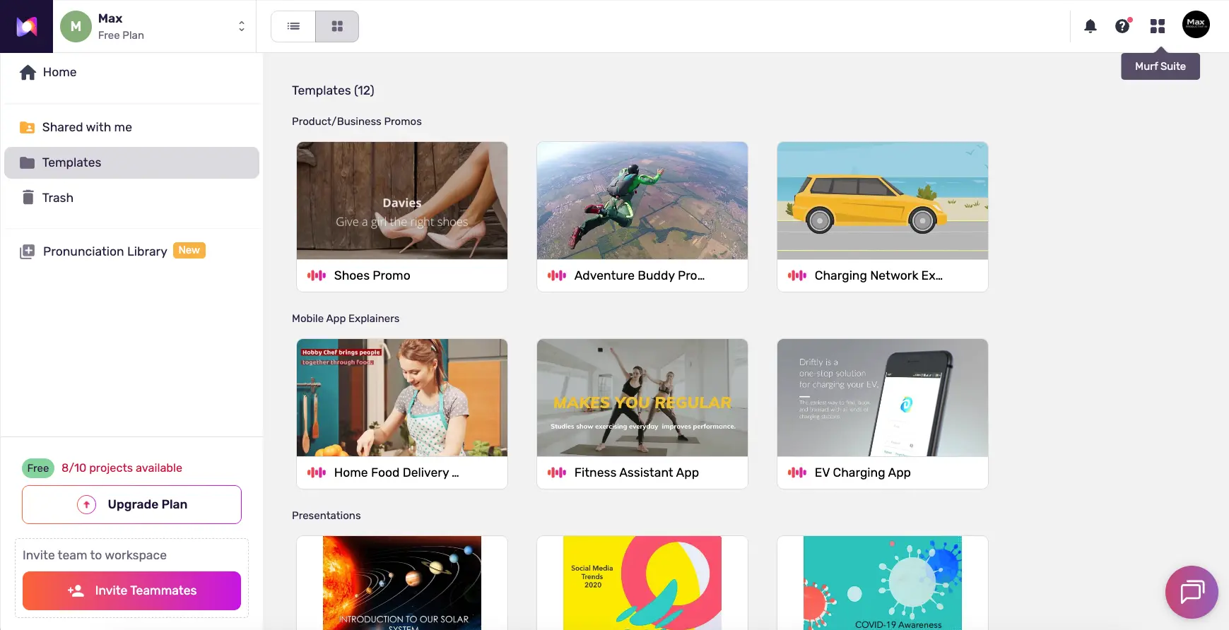 Murf AI Studio Templates showing Product Promos, App Explainers, and Presentations