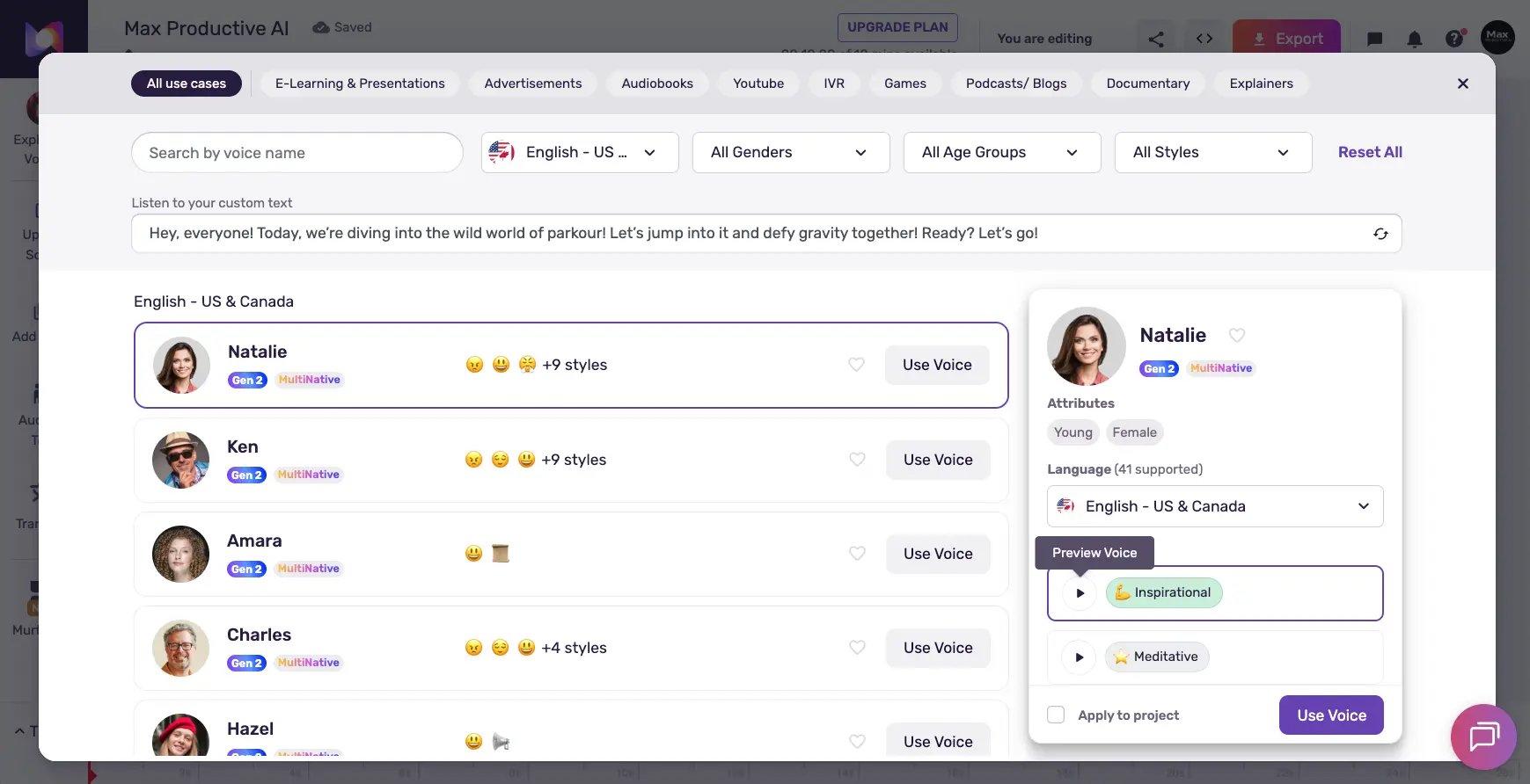 Murf AI Voice Library showing Gen 2 MultiNative voices with style filters