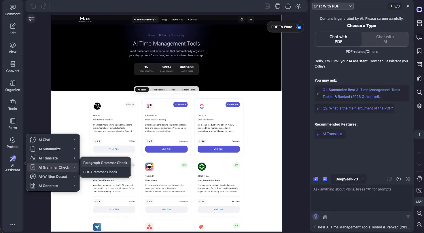 PDFelement AI Assistant Features Menu
