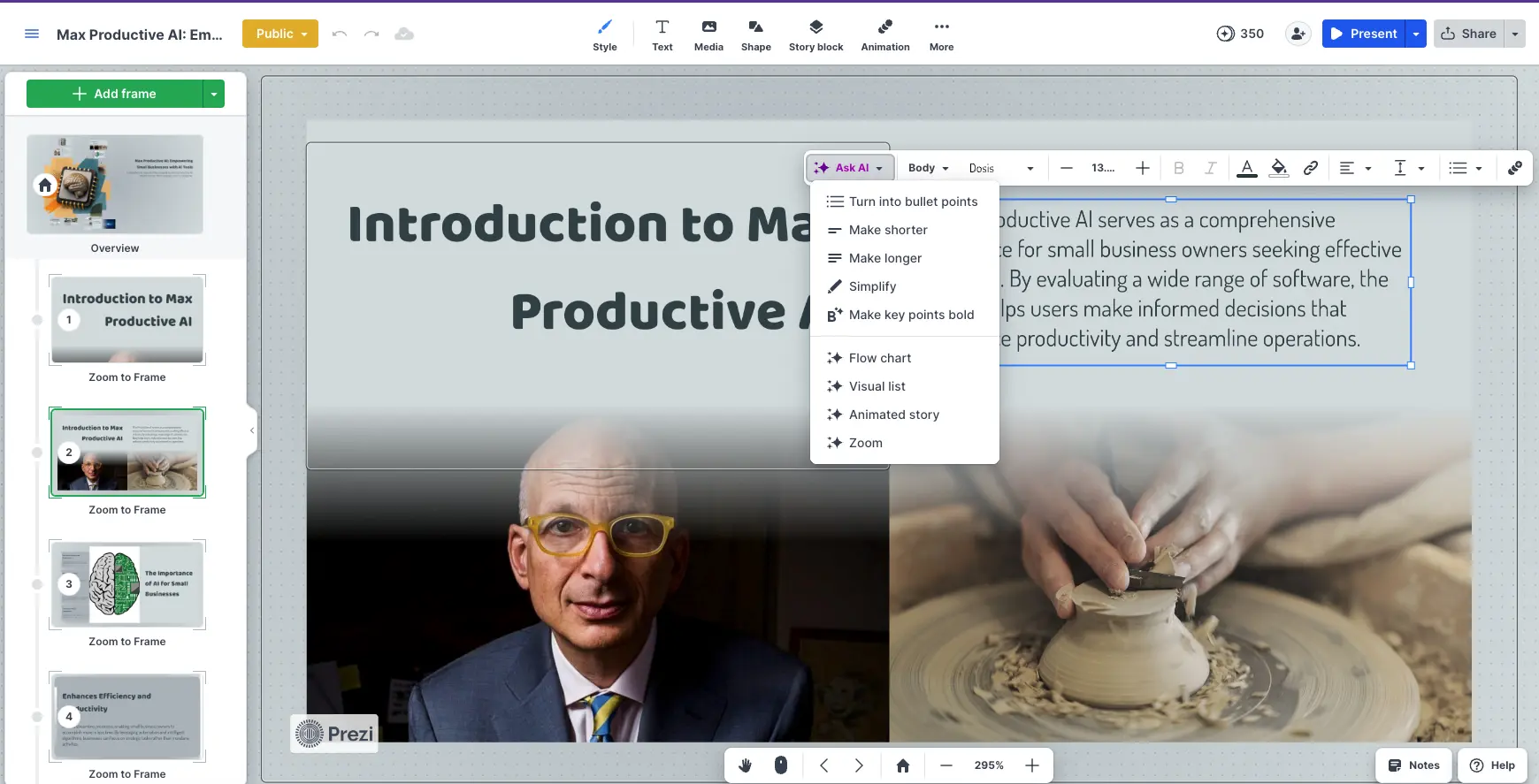 Prezi AI Editor Ask AI Text Tools Menu
