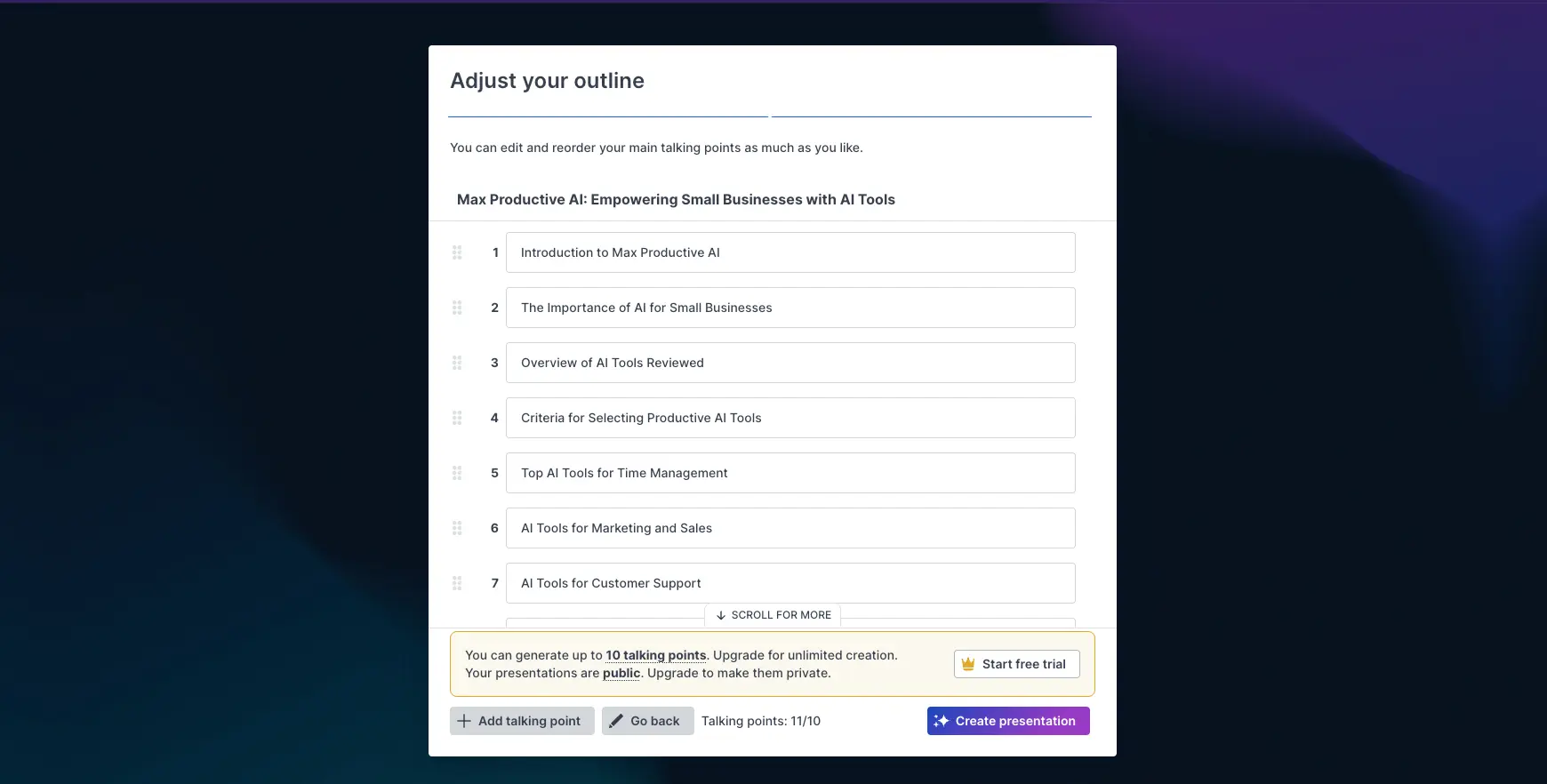 Prezi AI Outline Talking Points Editor