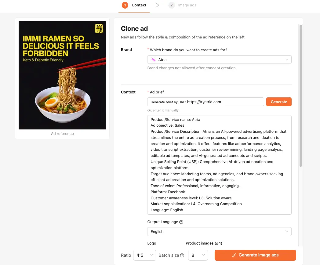 Atria Clone Ad workflow showing context and generation options