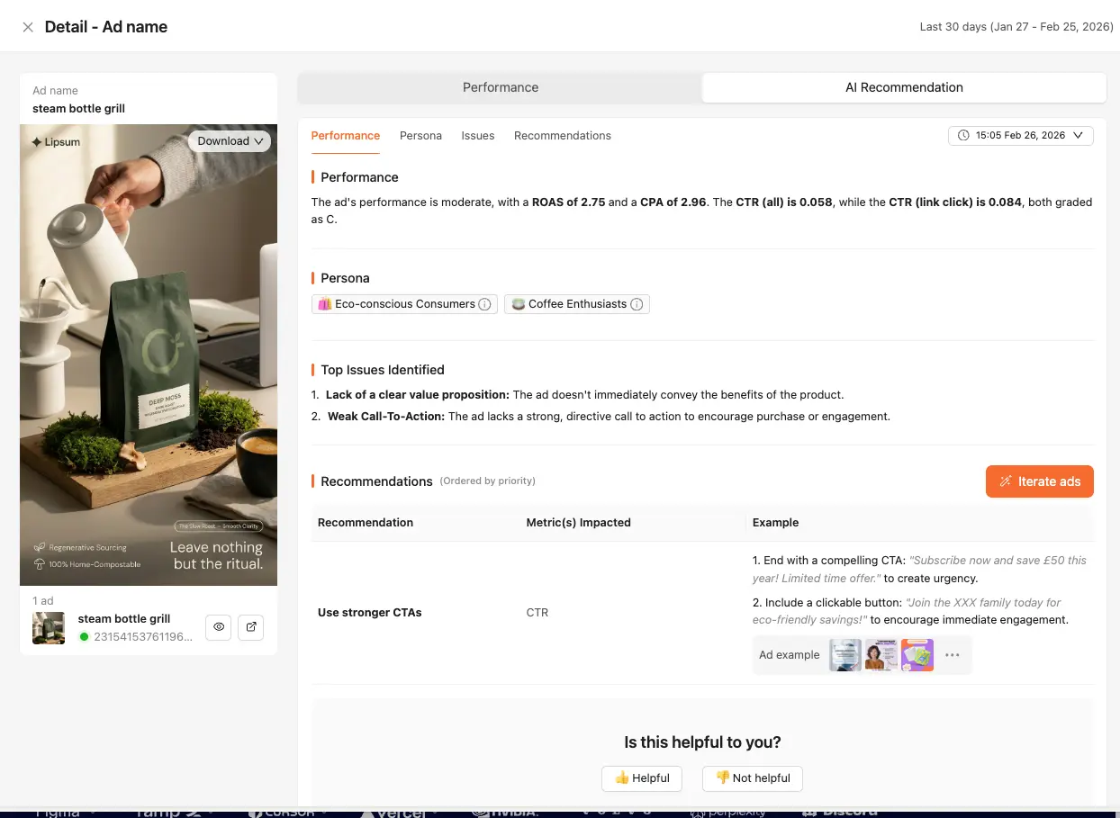 Atria Radar AI Recommendation showing performance metrics and actionable suggestions