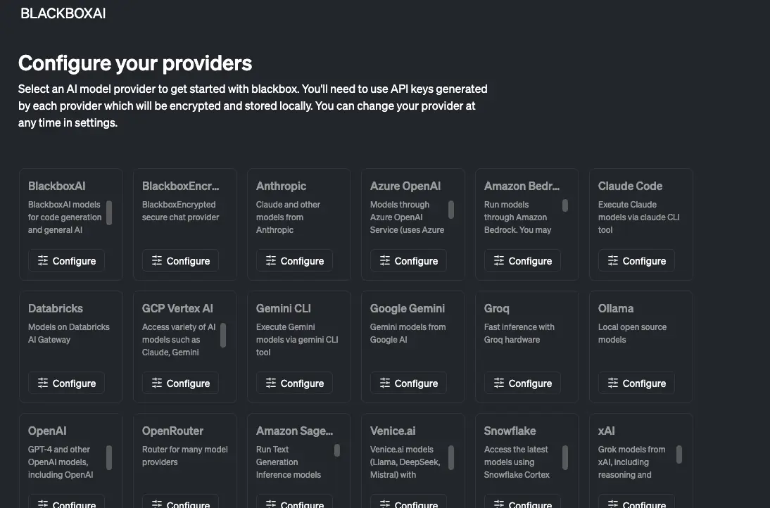 Blackbox AI model providers configuration showing BlackboxAI, Anthropic, Azure OpenAI, Amazon Bedrock, Claude Code, Google Gemini, Groq, Ollama, and more