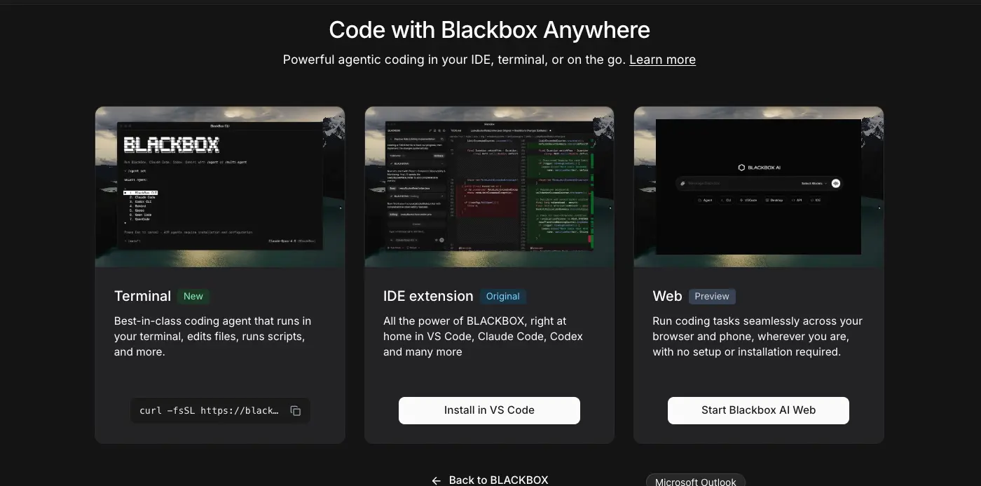 Blackbox AI platforms showing Terminal (New), IDE extension (Original), and Web (Preview) options