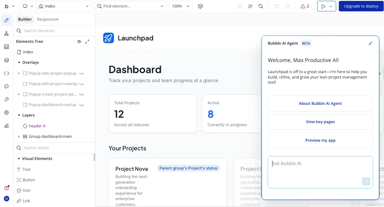 Bubble visual editor with AI Agent panel for building apps