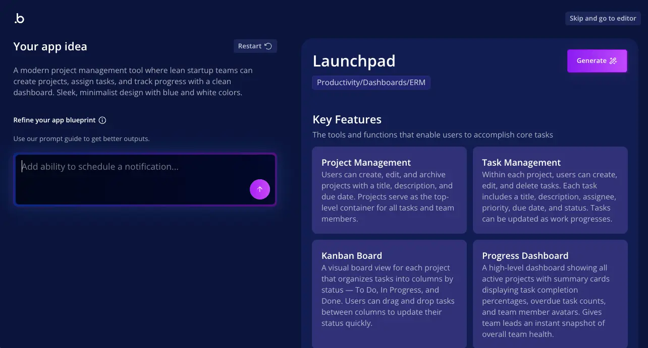 Bubble AI Launchpad app blueprint generation with key features