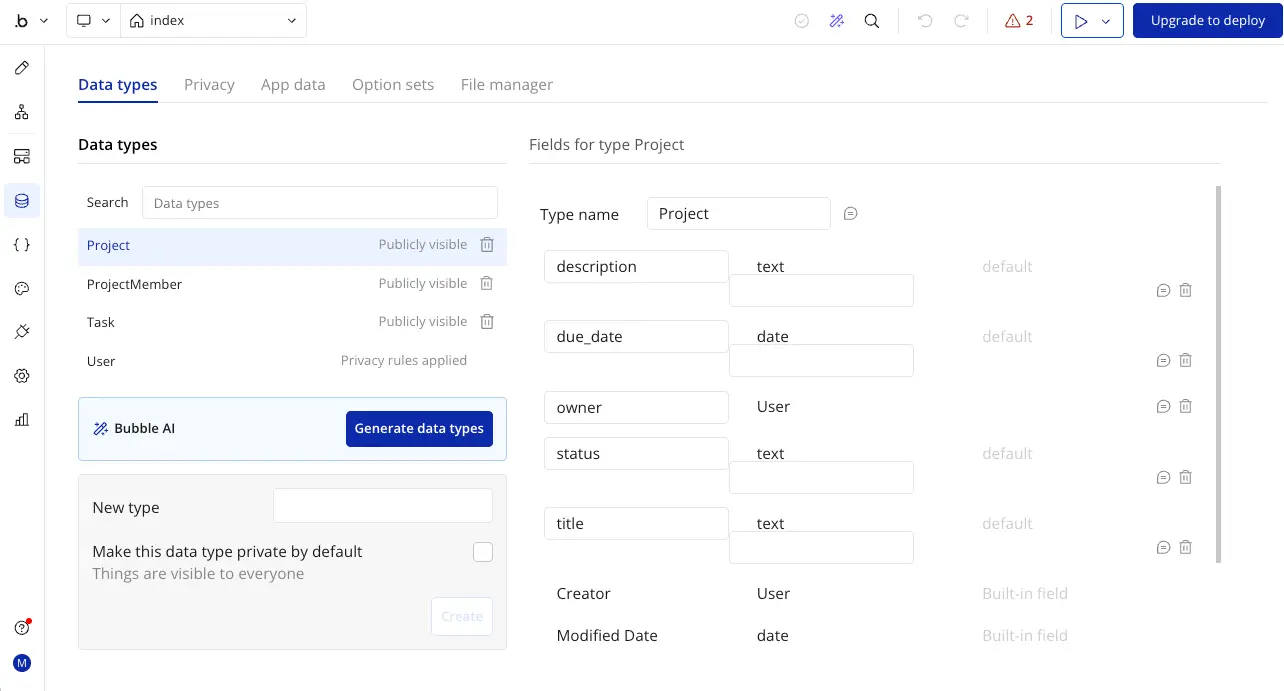 Bubble database data types editor showing Project fields