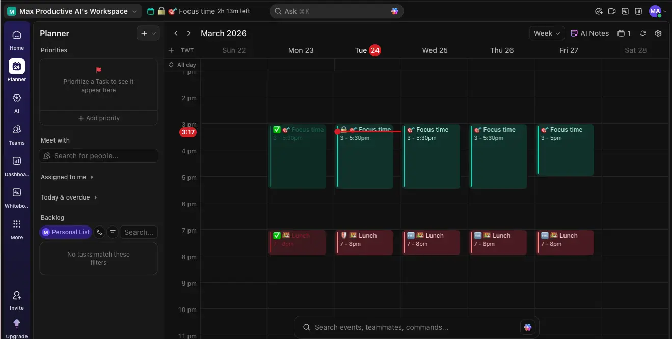 ClickUp AI Planner Calendar view with Focus Time blocks and priorities