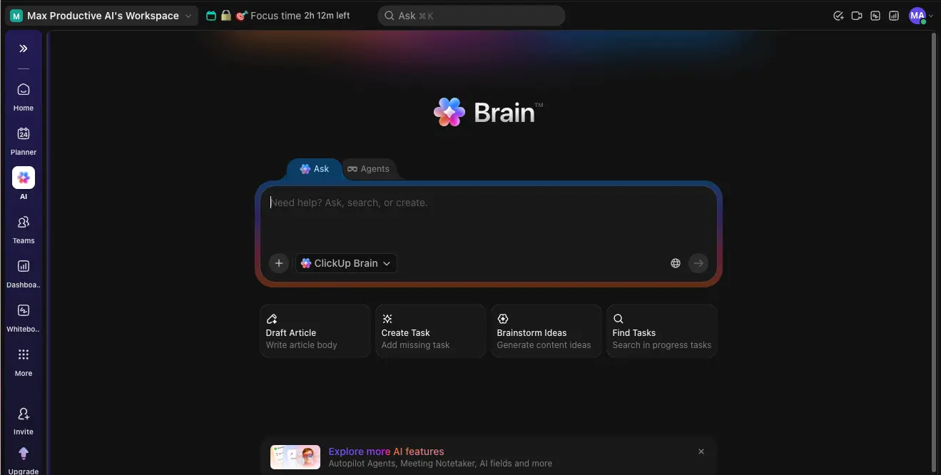 ClickUp Brain AI Assistant interface with Ask and Agents tabs