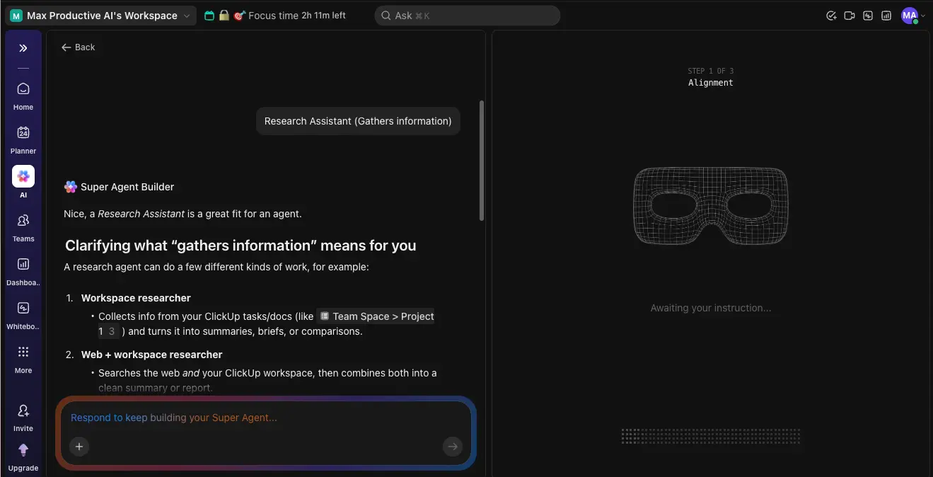 ClickUp Brain Super Agent Builder creating a Research Assistant agent