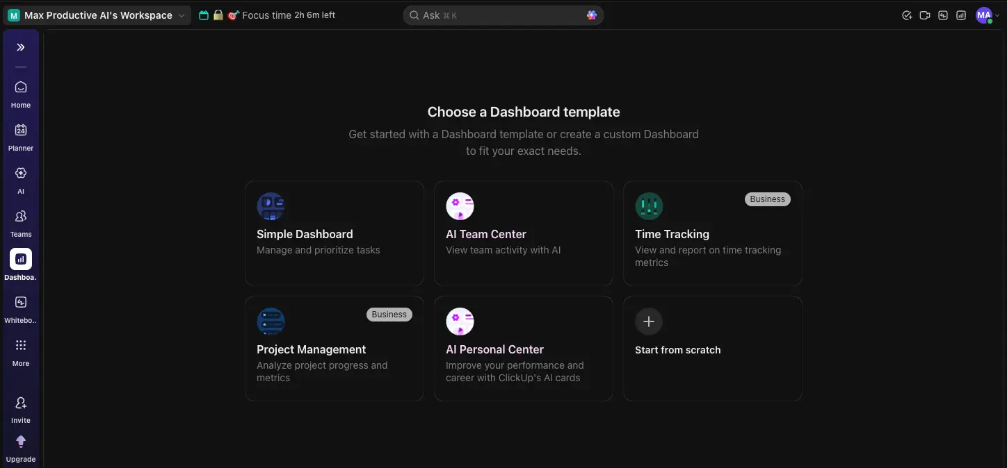ClickUp Dashboard template selection with Simple Dashboard, AI Team Center, Time Tracking options