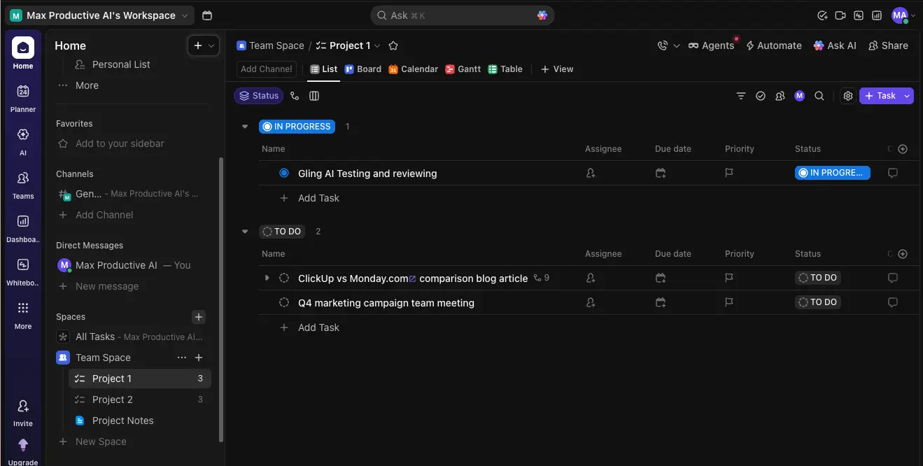 ClickUp 4.0 Home Task List View with projects, statuses, and team spaces
